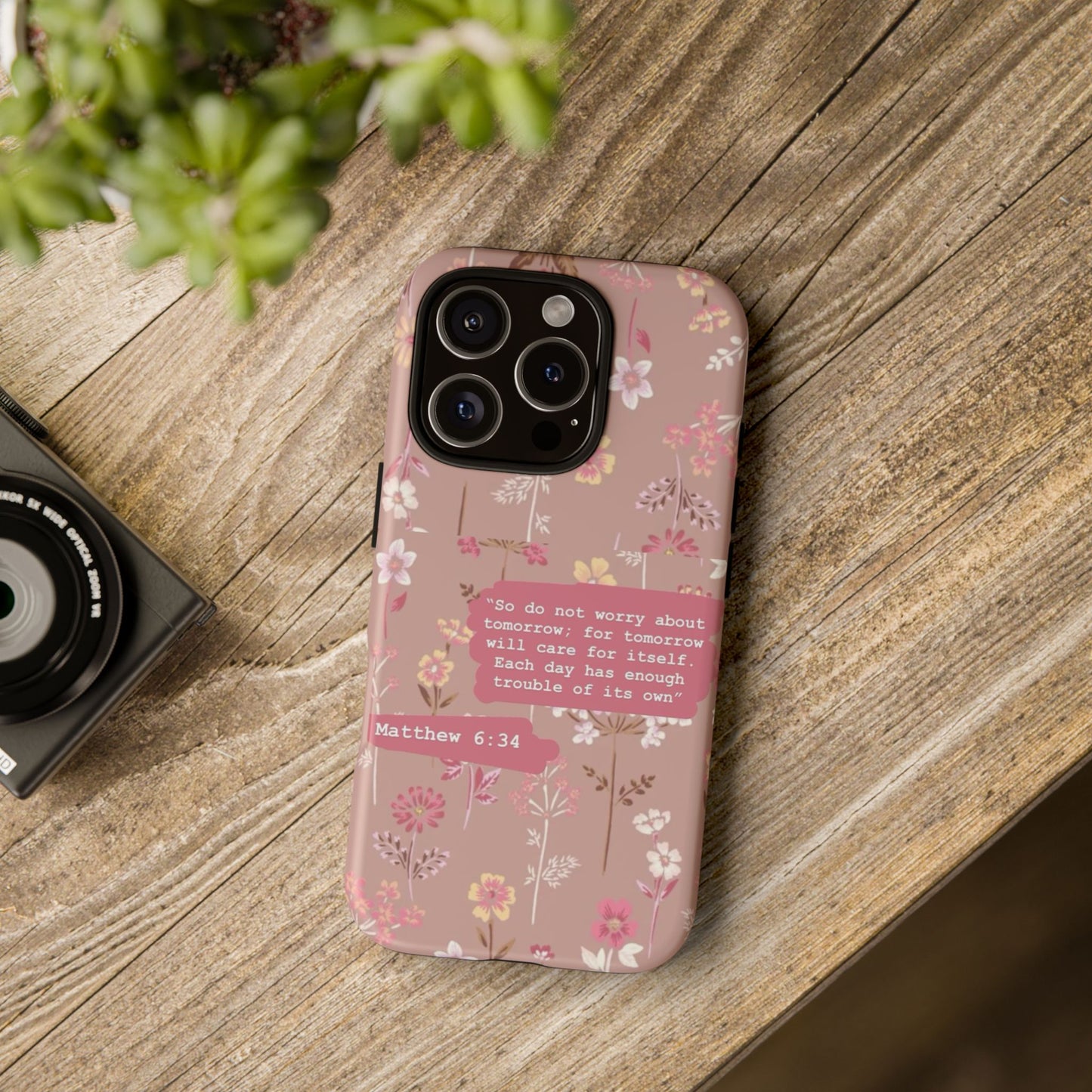 Phone Case Christian Bible Verse Matthew 6:34 Pink Floral Teen Girl Gift