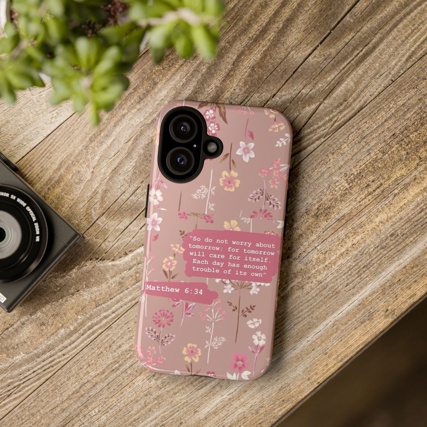 Phone Case Christian Bible Verse Matthew 6:34 Pink Floral Teen Girl Gift