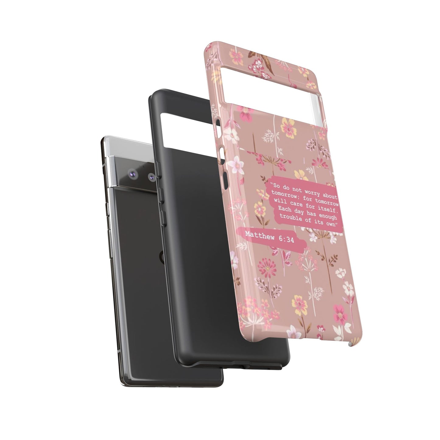 Phone Case Christian Bible Verse Matthew 6:34 Pink Floral Teen Girl Gift