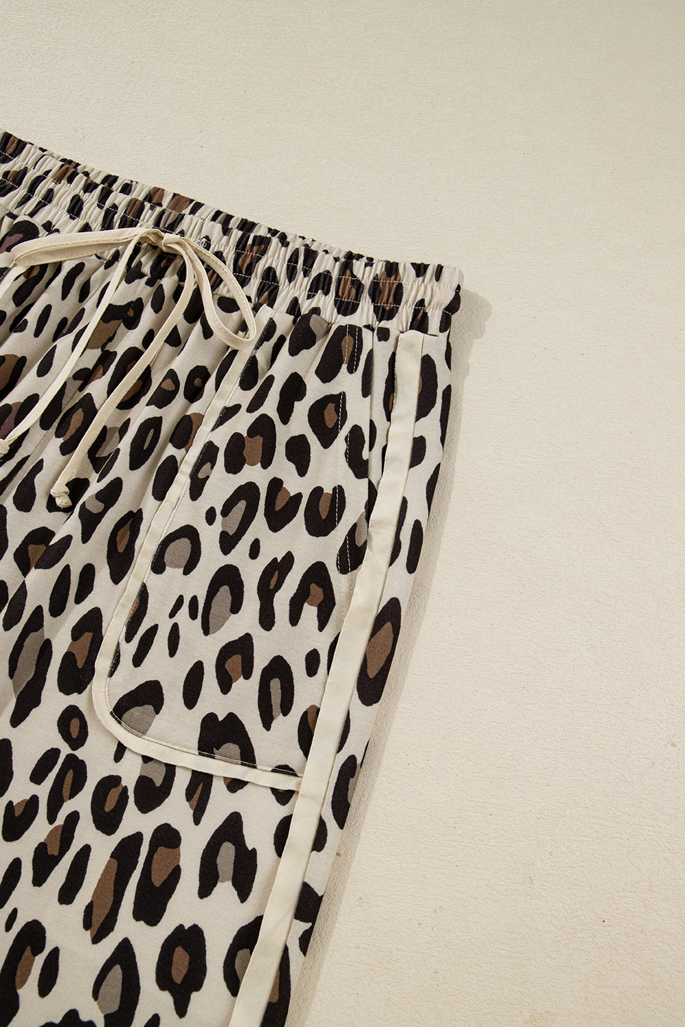 Khaki Leopard Drawstring Wide Leg Cropped Pants