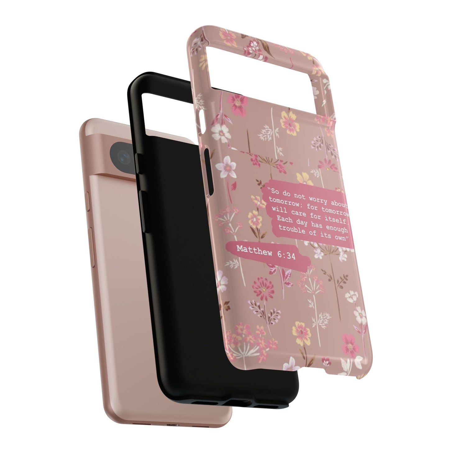 Phone Case Christian Bible Verse Matthew 6:34 Pink Floral Teen Girl Gift