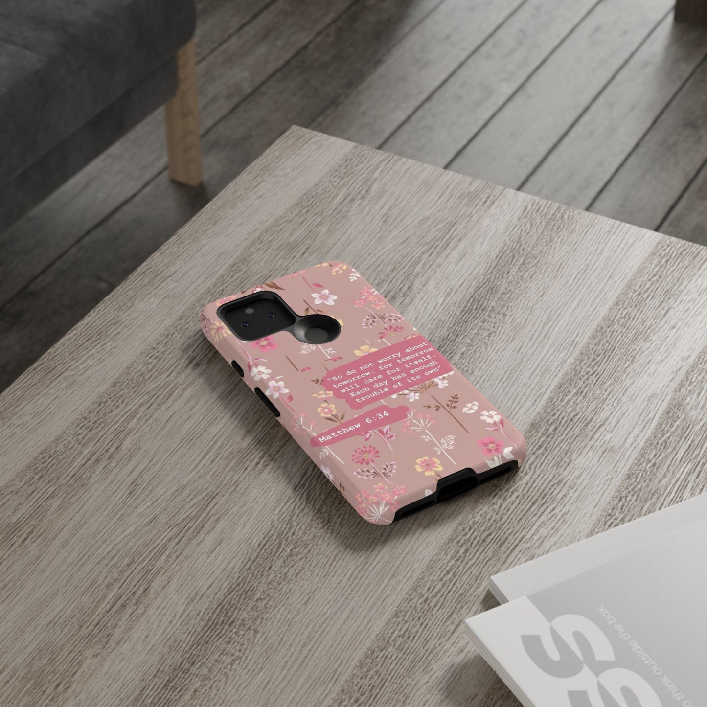 Phone Case Christian Bible Verse Matthew 6:34 Pink Floral Teen Girl Gift