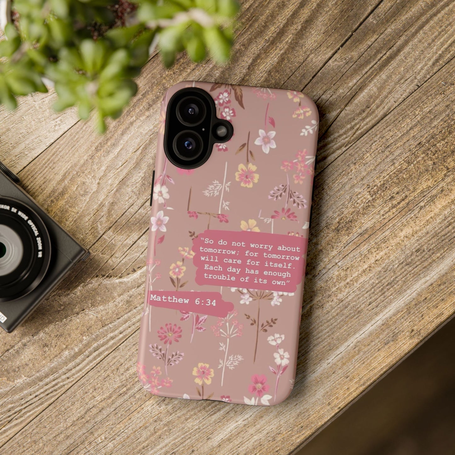 Phone Case Christian Bible Verse Matthew 6:34 Pink Floral Teen Girl Gift