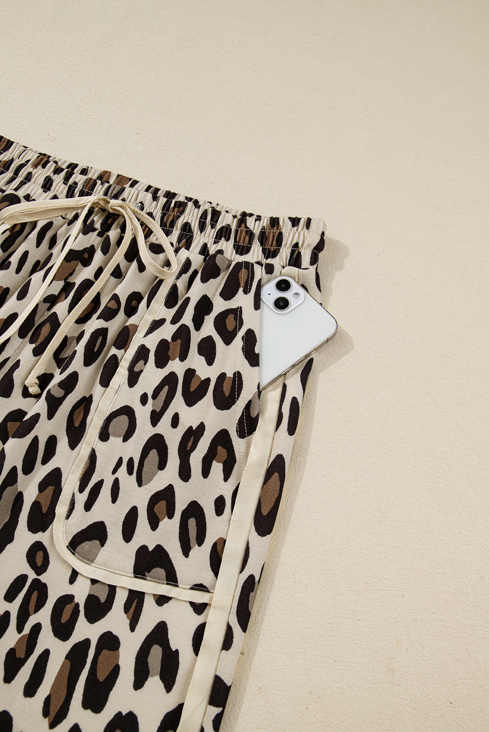 Khaki Leopard Drawstring Wide Leg Cropped Pants