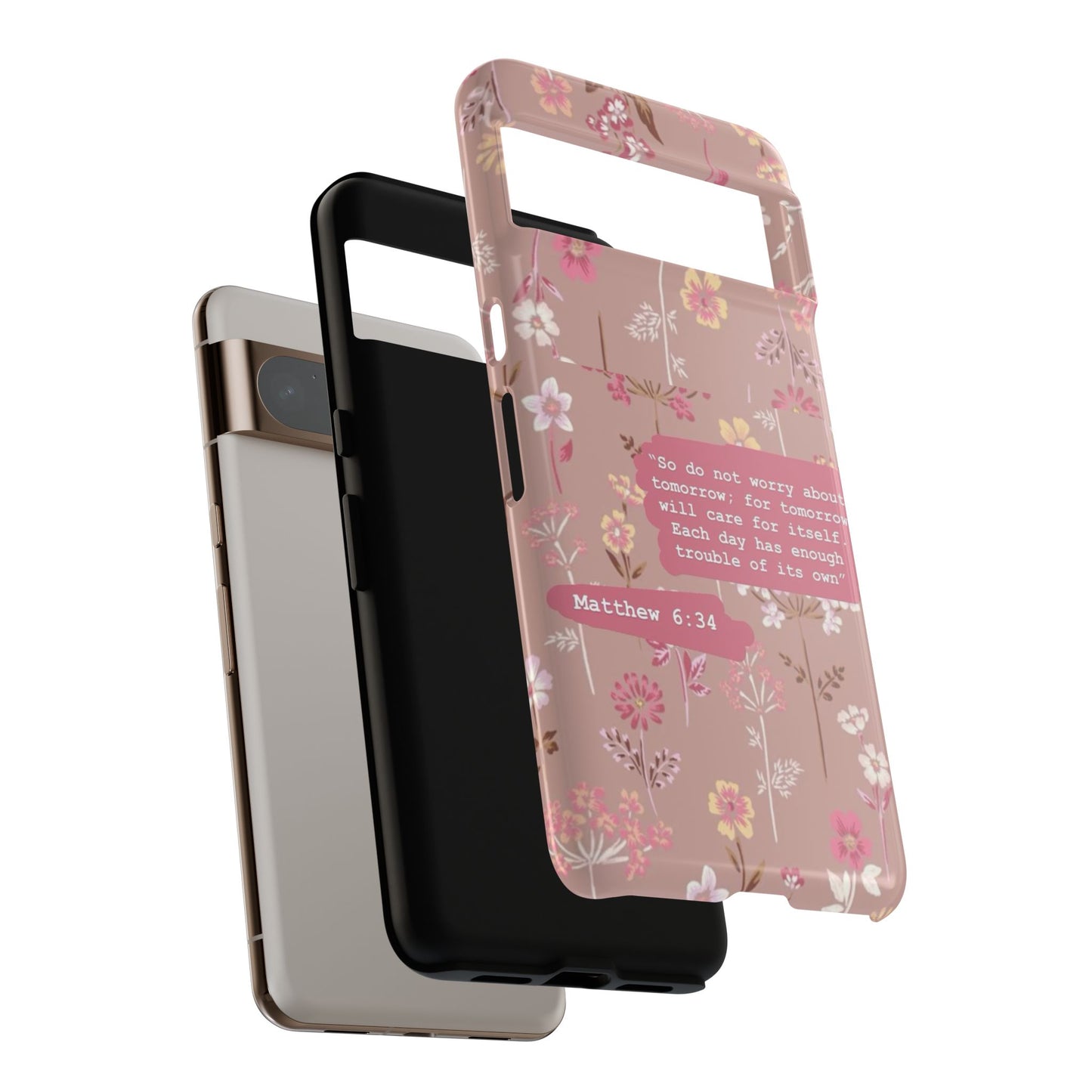 Phone Case Christian Bible Verse Matthew 6:34 Pink Floral Teen Girl Gift