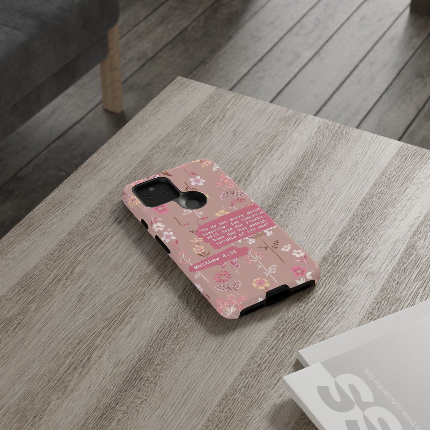 Phone Case Christian Bible Verse Matthew 6:34 Pink Floral Teen Girl Gift