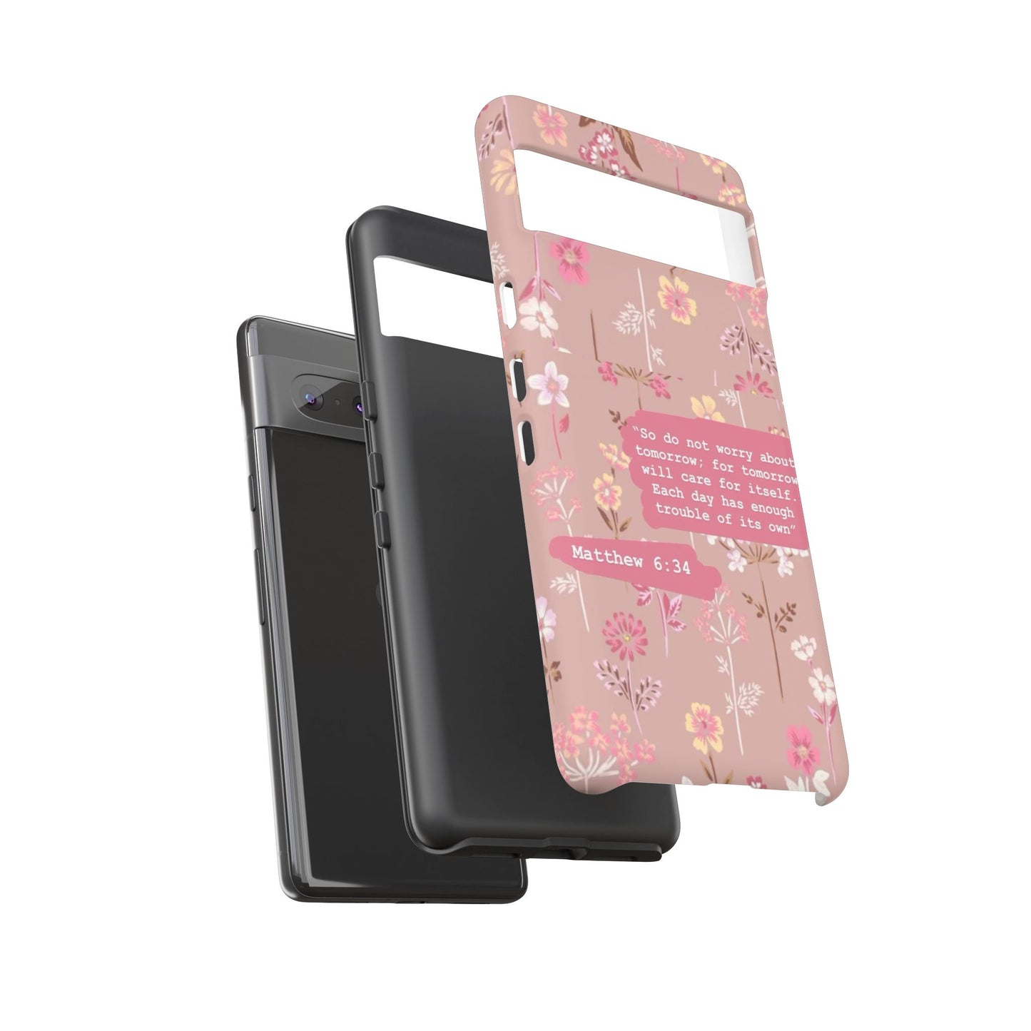 Phone Case Christian Bible Verse Matthew 6:34 Pink Floral Teen Girl Gift